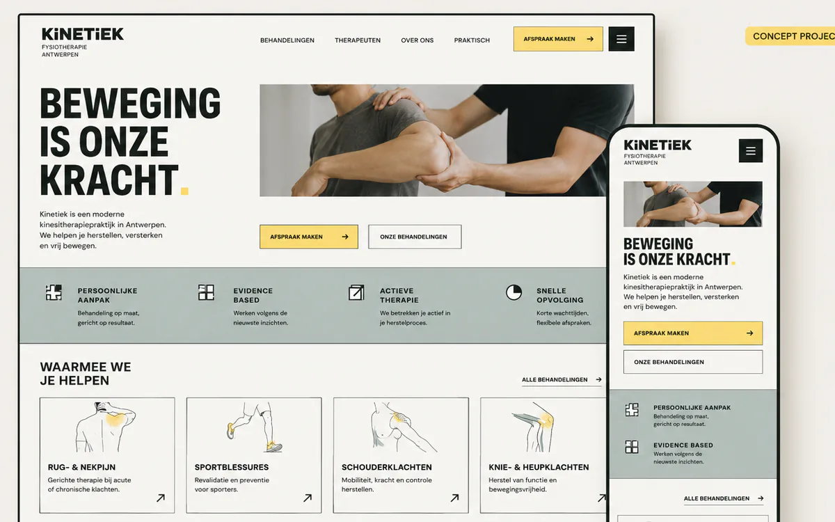 Concept de site web pour un cabinet belge fictif de kinésithérapie, présenté sur ordinateur et mobile.