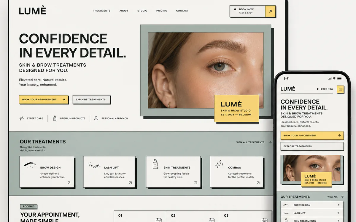 Concept de site web pour un studio belge fictif de soins de la peau et des sourcils, présenté sur ordinateur et mobile.