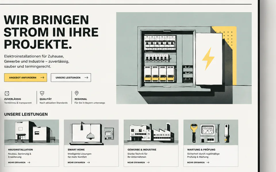 Concept de site web pour une entreprise allemande fictive d’installation électrique, présenté sur ordinateur.